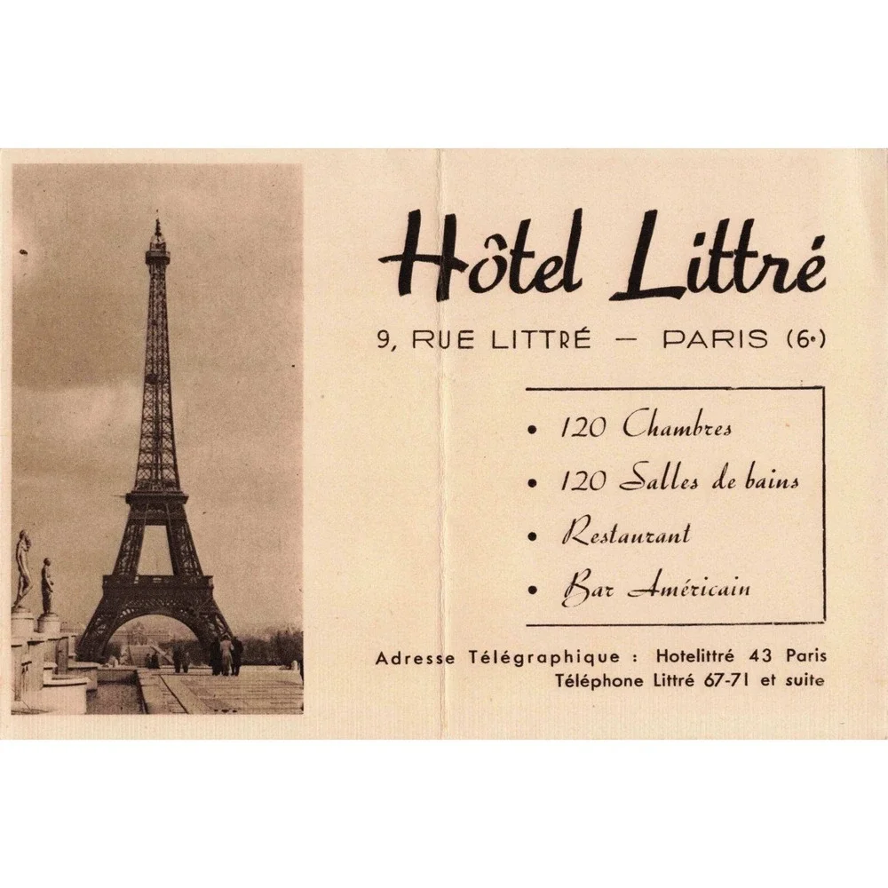 Vintage 1950s Hotel Littre Paris Advertising Card Eiffel Tower Map - Picture 1 of 2